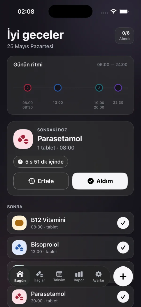 Bugün ekranı: sıradaki doz ve günün programı